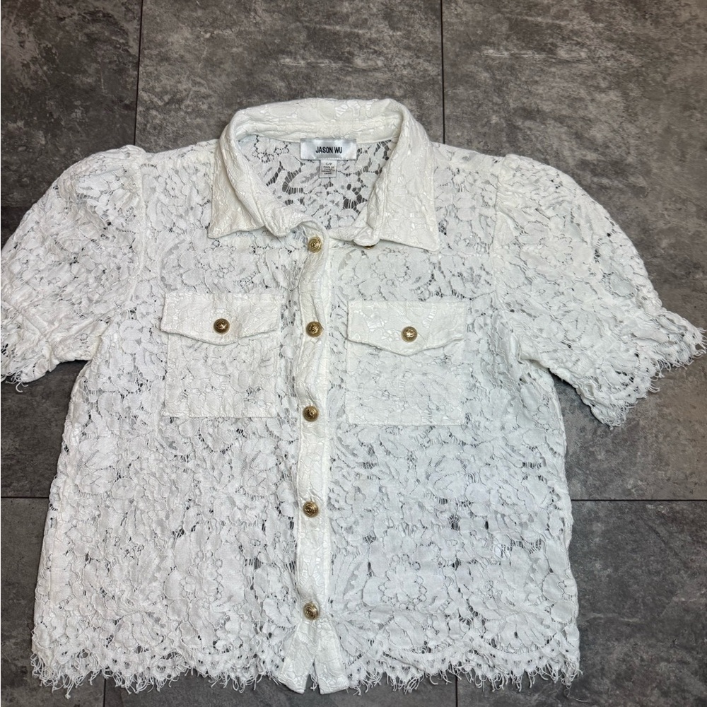 Jason Wu White Lace Short Sleeve Button-Front Blouse with Gold Buttons